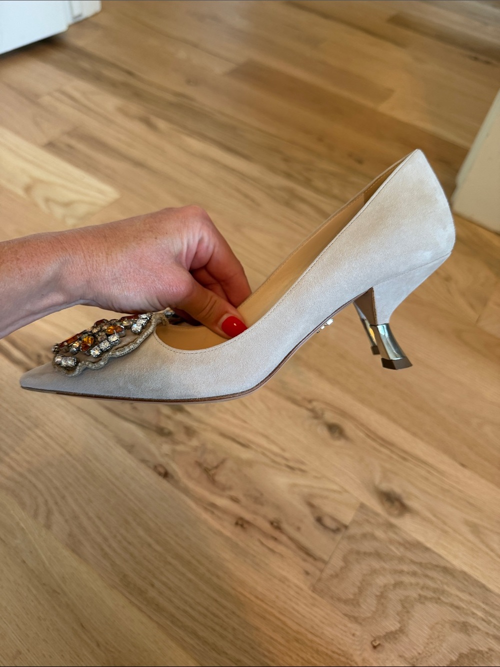 Prada Beige Suede Pointed-Toe Pumps with Amber Crystal Brooch - Picture 6 of 7
